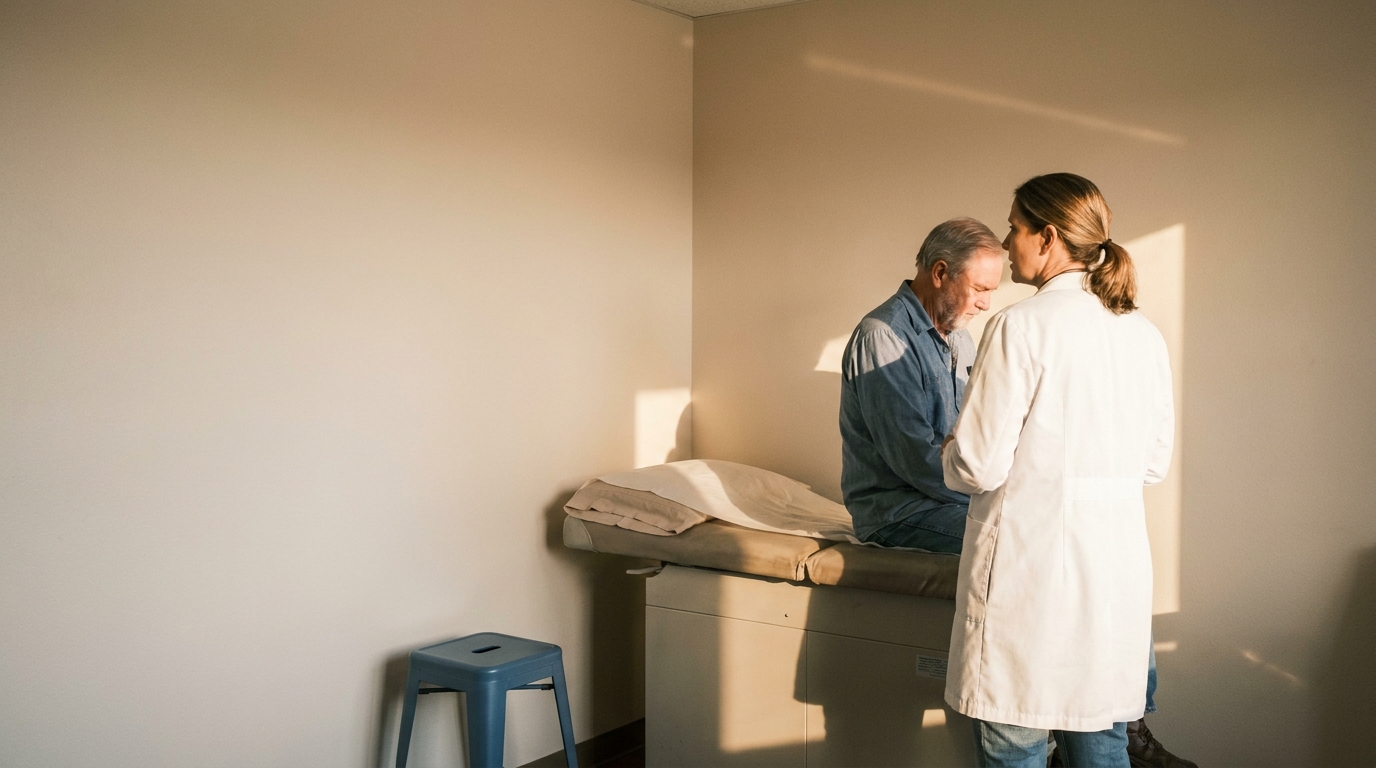A physician and an adult patient talking in an exam room.